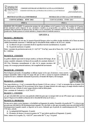 Examen de Selectividad: Física. Comunidad Valenciana. Convocatoria Junio 2013