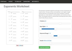 Exponents Worksheet Generator. Generador de hojas de ejercicios de exponentes (STEM Sheets)