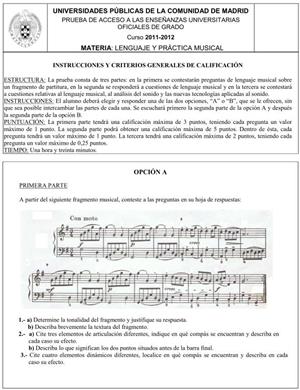 Examen de Selectividad: Lenguaje y Práctica Musical. Comunidad de Madrid. Convocatoria Junio 2012