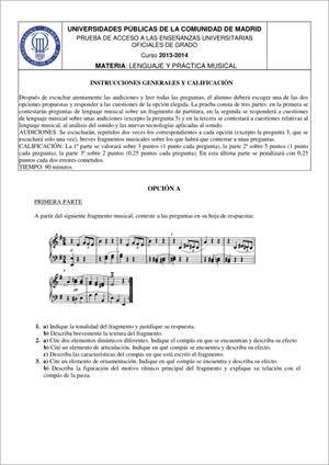 Examen de Selectividad: Lenguaje y práctica musical. Madrid. Convocatoria Junio 2014