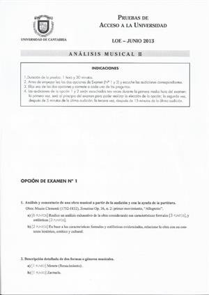 Examen de Selectividad: Análisis musical. Cantabria. Convocatoria Junio 2013
