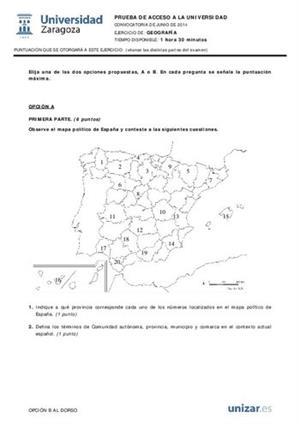Examen de Selectividad: Geografía. Aragón. Convocatoria Junio 2014