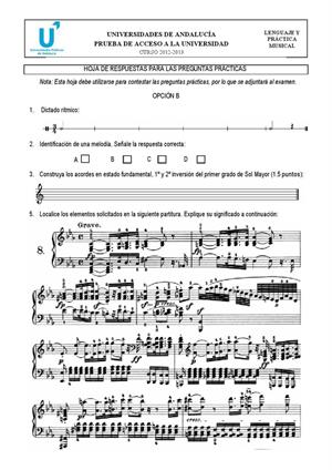 Examen de Selectividad: Lenguaje y práctica musical (hoja de respuestas 2). Andalucía. Convocatoria Junio 2013