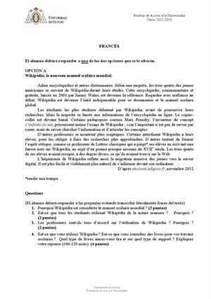 Examen de Selectividad: Francés. Asturias. Convocatoria Julio 2013