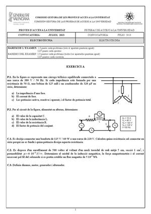 Examen de Selectividad: Electrotecnia. Comunidad Valenciana. Convocatoria Julio 2013