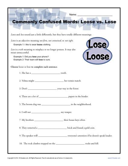 Loose vs. Lose – Commonly Confused Words Worksheet