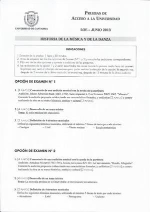 Examen de Selectividad: Historia de la música y la danza. Cantabria. Convocatoria Junio 2013