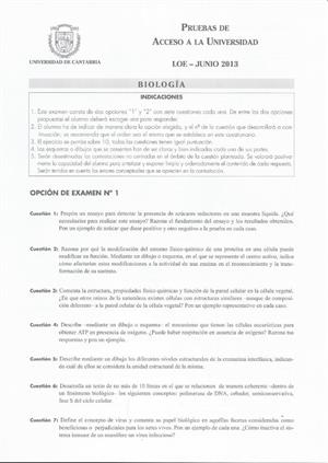 Examen de Selectividad: Biología. Cantabria. Convocatoria Junio 2013