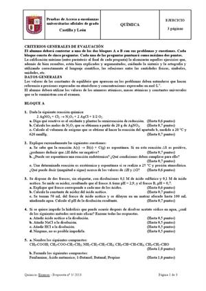 Examen de Selectividad: Química. Castilla y León. Convocatoria Septiembre 2013