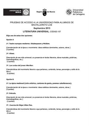 Examen de Selectividad: Literatura universal. Murcia. Convocatoria Septiembre 2013