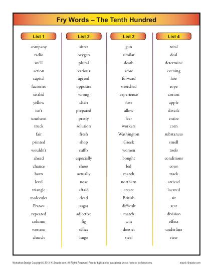 Fry Words – The 10th Hundred