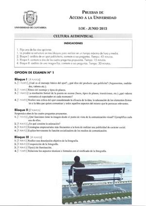 Examen de Selectividad: Cultura audiovisual. Cantabria. Convocatoria Junio 2013