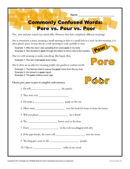 Pore vs. Pour vs Poor – Commonly Confused Words Worksheet