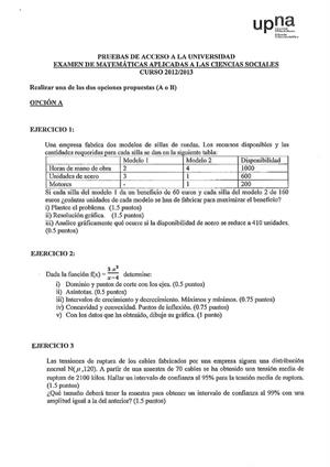 Examen de Selectividad: Matemáticas CCSS. Navarra. Convocatoria Junio 2013