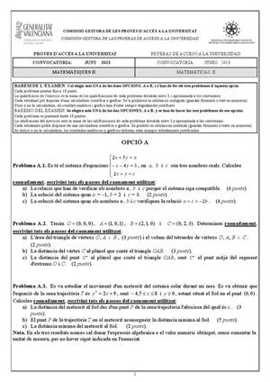 Examen de Selectividad: Matemáticas II. Comunidad Valenciana. Convocatoria Junio 2013