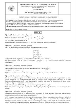 Examen de Selectividad: Matemáticas CCSS. Madrid. Convocatoria Septiembre 2013