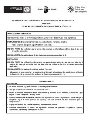 Examen de Selectividad: Técnicas de expresión grafo-plástica. Murcia. Convocatoria Septiembre 2013