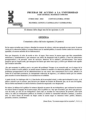 Examen de Selectividad: Lengua castellana y su Literatura. Canarias. Convocatoria Junio 2013
