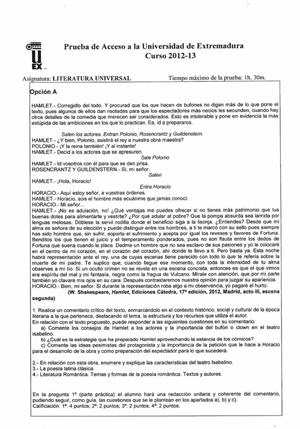 Examen de Selectividad: Literatura universal. Extremadura. Convocatoria Junio 2013