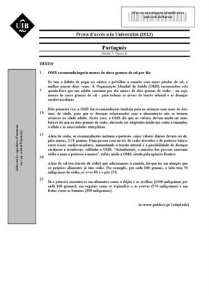 Examen de Selectividad: Portugués. Islas Baleares. Convocatoria Septiembre 2013