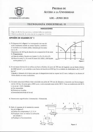 Examen de Selectividad: Tecnología industrial. Cantabria. Convocatoria Junio 2013