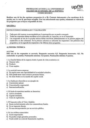 Examen de Selectividad: Economía. Navarra. Convocatoria Junio 2013