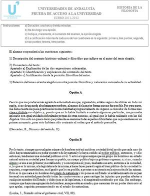 Examen de Selectividad: Historia de la Filosofía 3. Andalucía. Convocatoria Junio 2012