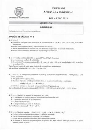 Examen de Selectividad: Química. Cantabria. Convocatoria Junio 2013