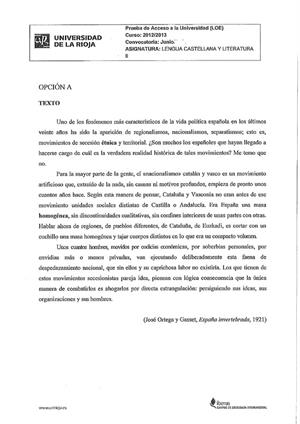 Examen de Selectividad: Lengua castellana y su Literatura. La Rioja. Convocatoria Junio 2013