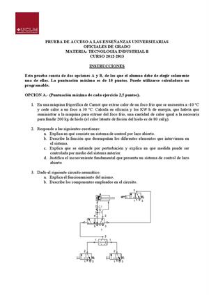 Examen de Selectividad: Tecnología industrial. Castilla-La Mancha. Convocatoria Septiembre 2013