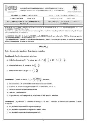 Examen de Selectividad: Matemáticas CCSS. Comunidad Valenciana. Convocatoria Junio 2013