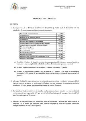 Examen de Selectividad: Economía. Asturias. Convocatoria Julio 2013