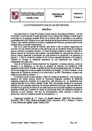Examen de Selectividad: Historia de España. Castilla y León. Convocatoria Junio 2014