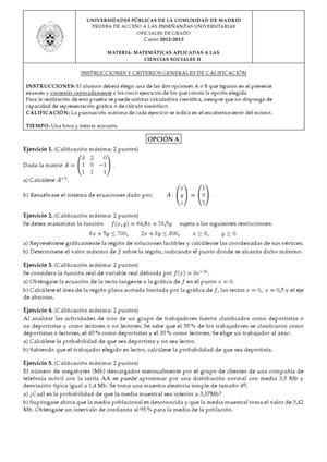 Examen de Selectividad: Matemáticas CCSS. Madrid. Convocatoria Junio 2013