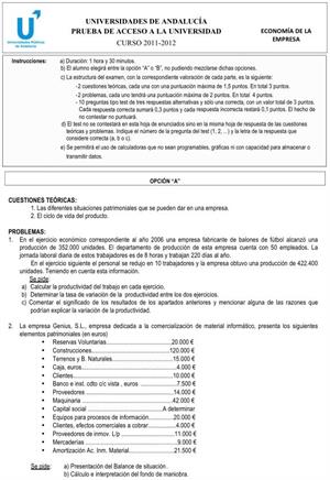 Examen de Selectividad: Economía 2. Andalucía. Convocatoria Junio 2012