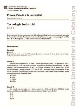 Examen de Selectividad: Tecnología industrial. Cataluña. Convocatoria Junio 2014