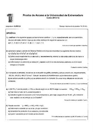 Examen de Selectividad: Química. Extremadura. Convocatoria Junio 2014