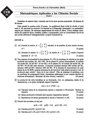 Examen de Selectividad: Matemáticas CCSS. Islas Baleares. Convocatoria Junio 2013