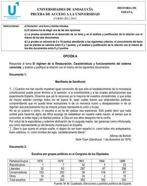 Examen de Selectividad: Historia de España 2. Andalucía. Convocatoria Junio 2012