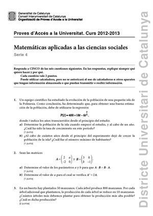 Examen de Selectividad: Matemáticas CCSS. Cataluña. Convocatoria Junio 2013