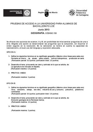 Examen de Selectividad: Geografía. Murcia. Convocatoria Junio 2013