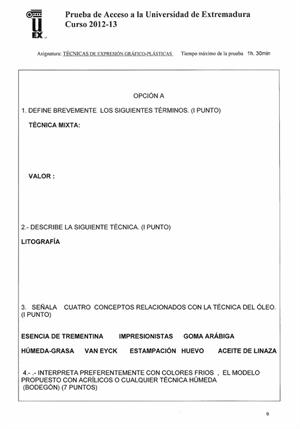 Examen de Selectividad: Técnicas de expresión grafo-plástica. Extremadura. Convocatoria Septiembre 2013