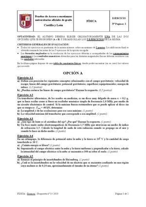 Examen de Selectividad: Física. Castilla y León. Convocatoria Junio 2013