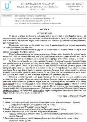 Examen de Selectividad: Lengua castellana y Literatura 1. Andalucía. Convocatoria Junio 2012