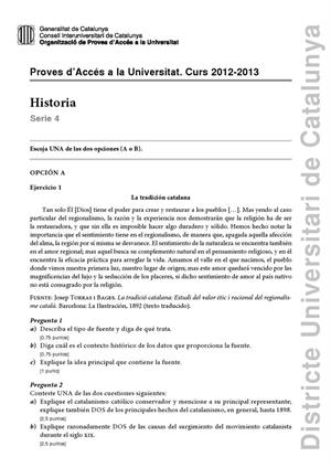 Examen de Selectividad: Historia de España. Cataluña. Convocatoria Junio 2013