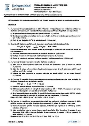 Examen de Selectividad: Química. Aragón. Convocatoria Junio 2014