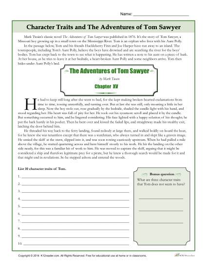Character Traits Worksheet – The Adventures of Tom Sawyer