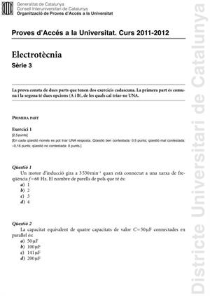 Examen de Selectividad: Electrotecnia. Cataluña. Convocatoria Junio 2012