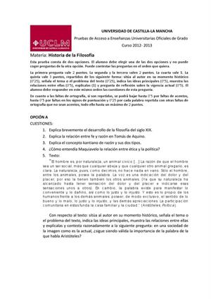 Examen de Selectividad: Historia de la filosofía. Castilla-La Mancha. Convocatoria Junio 2013