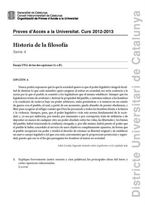 Examen de Selectividad: Historia de la filosofía. Cataluña. Convocatoria Junio 2013